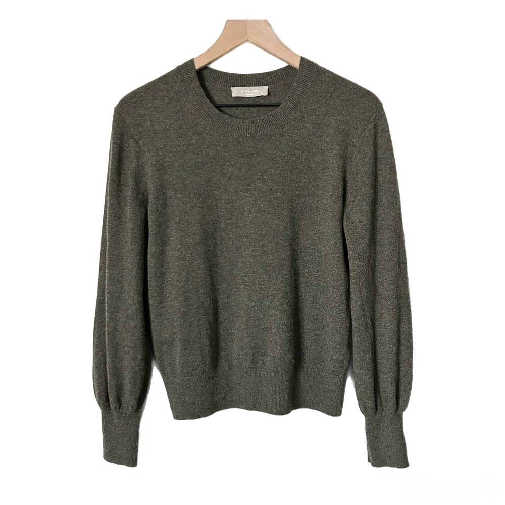 Everlane Cashmere Lantern Sleeve Sweater Olive Green Heather Crew Neck Medium - Picture 2 of 5